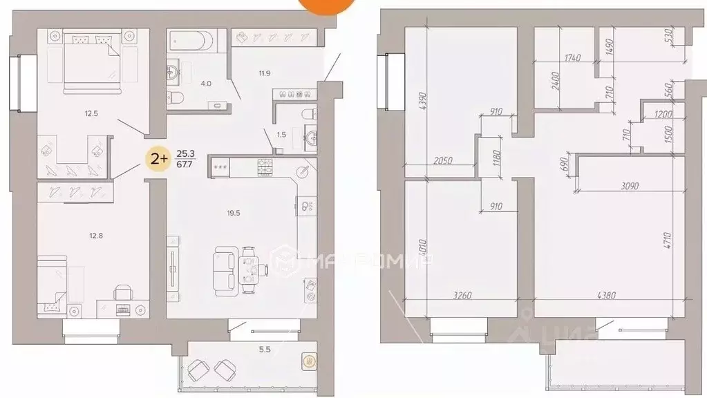 2-к кв. Брянская область, Брянск ул. Крапивницкого, 39 (67.6 м) - Фото 2