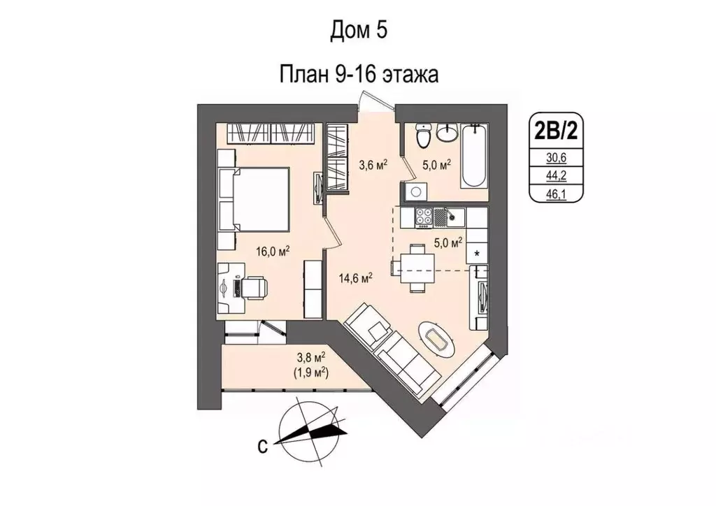 2-к кв. Кемеровская область, Кемерово 55-й мкр, 5 (46.1 м) - Фото 0