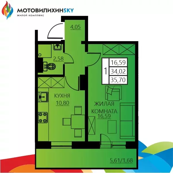 1-к квартира, 35.7 м - Фото 0