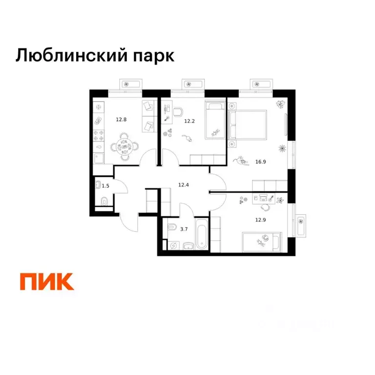 3-к кв. Москва Люблинский парк жилой комплекс, к18-20 (72.4 м) - Фото 1