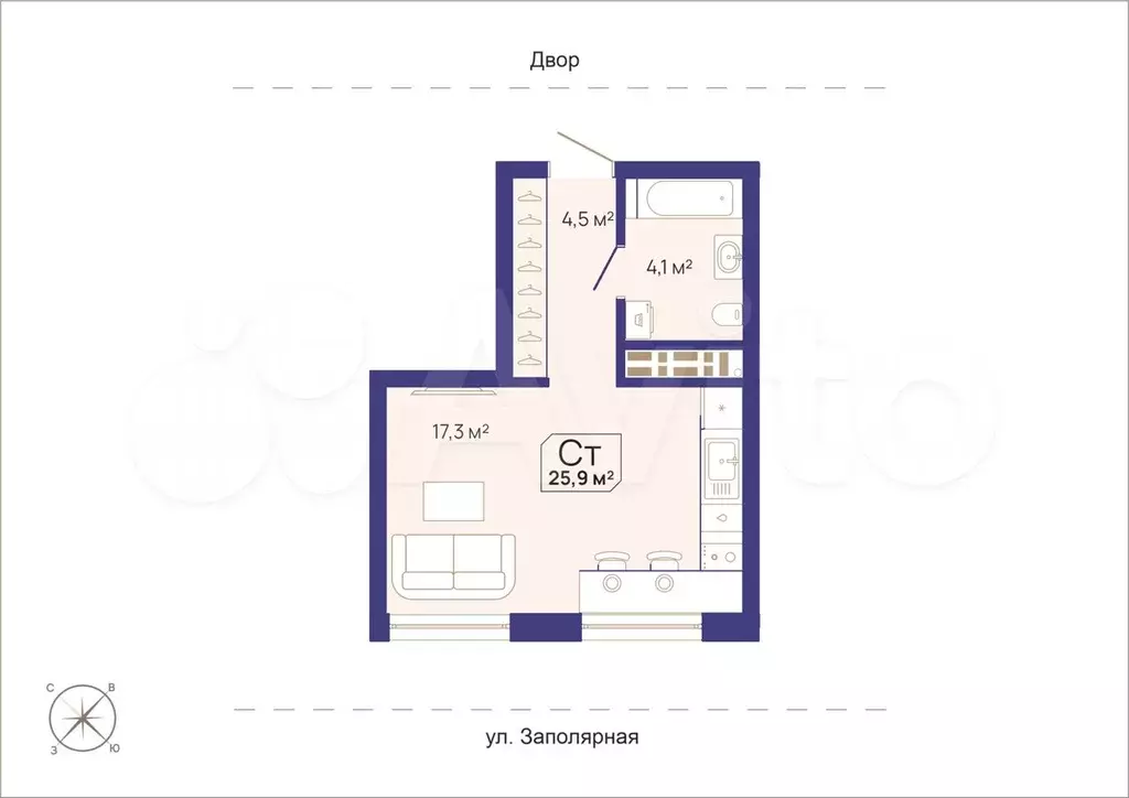 Квартира-студия, 25,9 м, 2/15 эт. - Фото 1