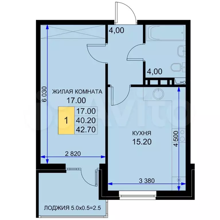 1-к. квартира, 42,7 м, 7/7 эт. - Фото 0