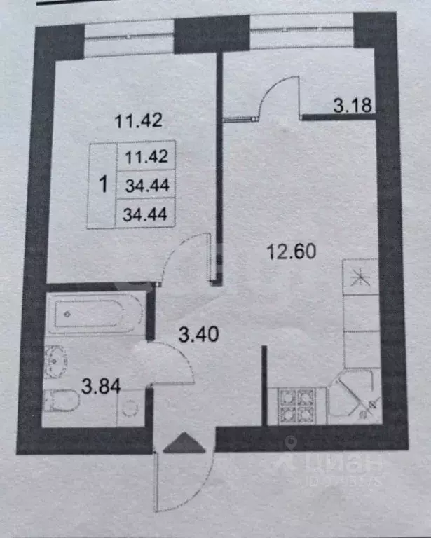 1-к кв. Татарстан, Казань ул. Азата Аббасова, 16 (34.44 м) - Фото 2