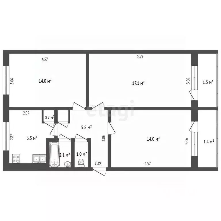 3-к кв. Мордовия, Саранск ул. Пушкина, 80 (57.4 м) - Фото 2