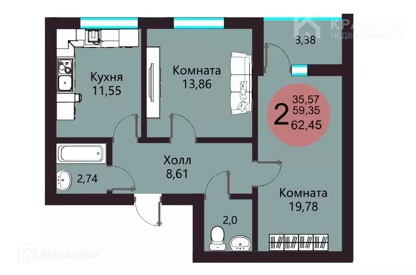 Продаётся 2-к квартира, 62.45 м - Фото 1