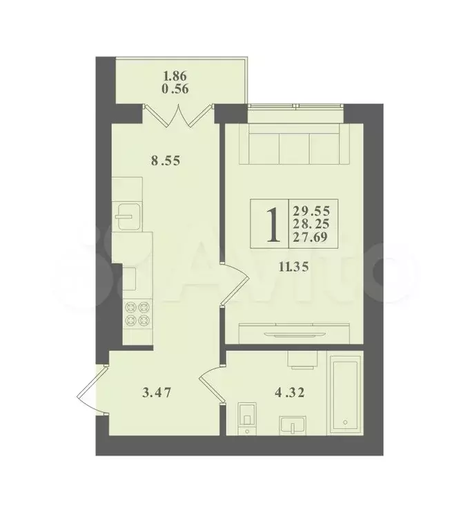 1-к. квартира, 29,6 м, 3/4 эт. - Фото 1