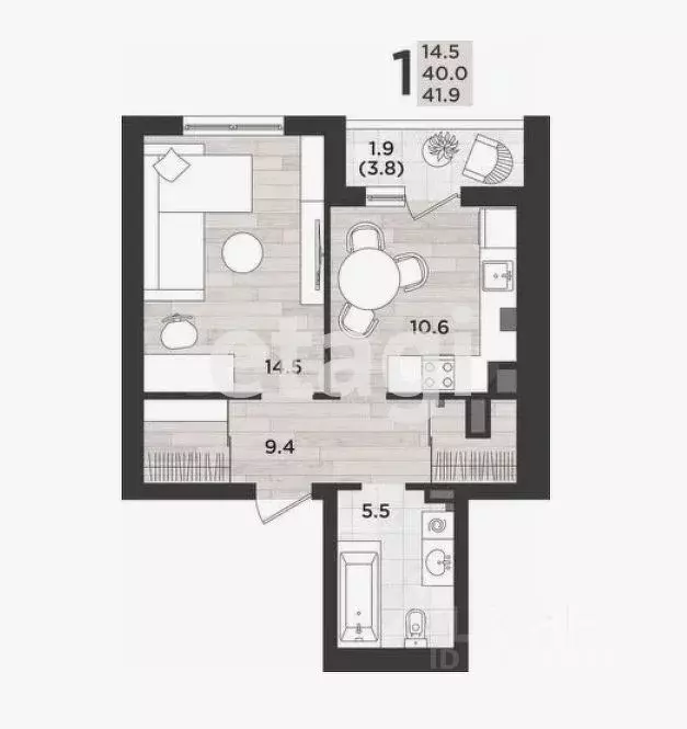 1-к кв. Калининградская область, Калининград ул. Миргородская, 2 (41.0 ... - Фото 2