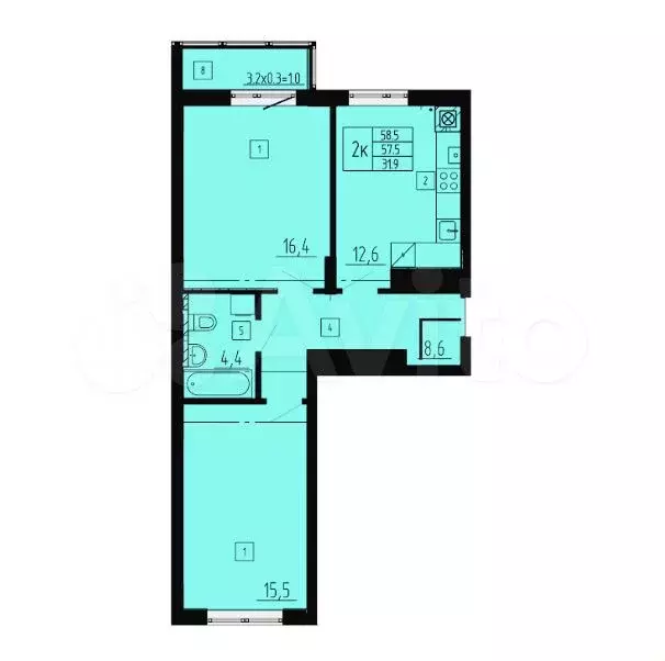 2-к. квартира, 58,5 м, 8/8 эт. - Фото 1