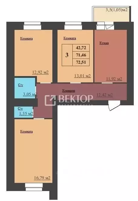 3-к кв. Ярославская область, Ярославль ул. Малая Норская, 3 (72.51 м) - Фото 2