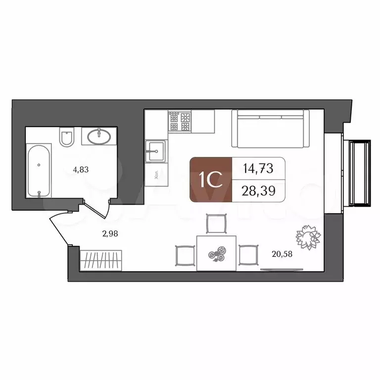 Квартира-студия, 28,3 м, 9/21 эт. - Фото 1