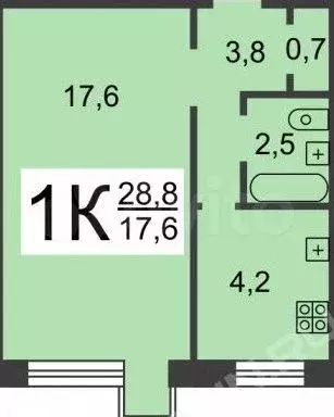 1-к. квартира, 28,8 м, 8/9 эт. - Фото 0