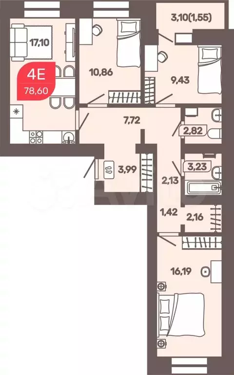 4-к. квартира, 78,6 м, 3/9 эт. - Фото 0