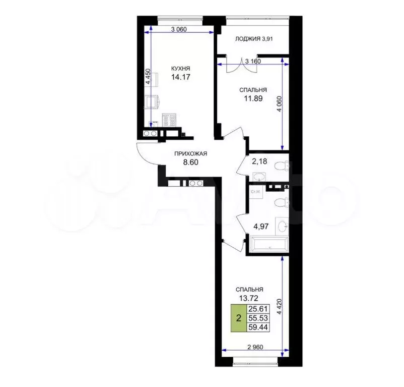 2-к. квартира, 59,4м, 5/7эт. - Фото 1