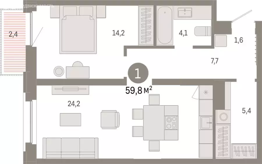 1-комнатная квартира: Тюмень, Мысовская улица, 26к2 (59.75 м) - Фото 1