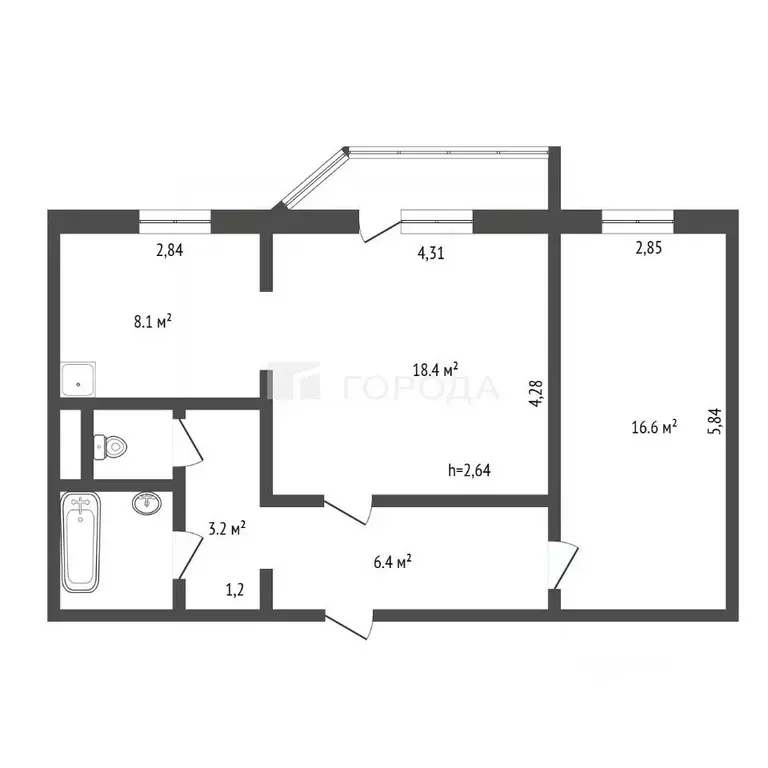 2-к кв. Кемеровская область, Новокузнецк ул. Бугарева, 10 (56.7 м) - Фото 2