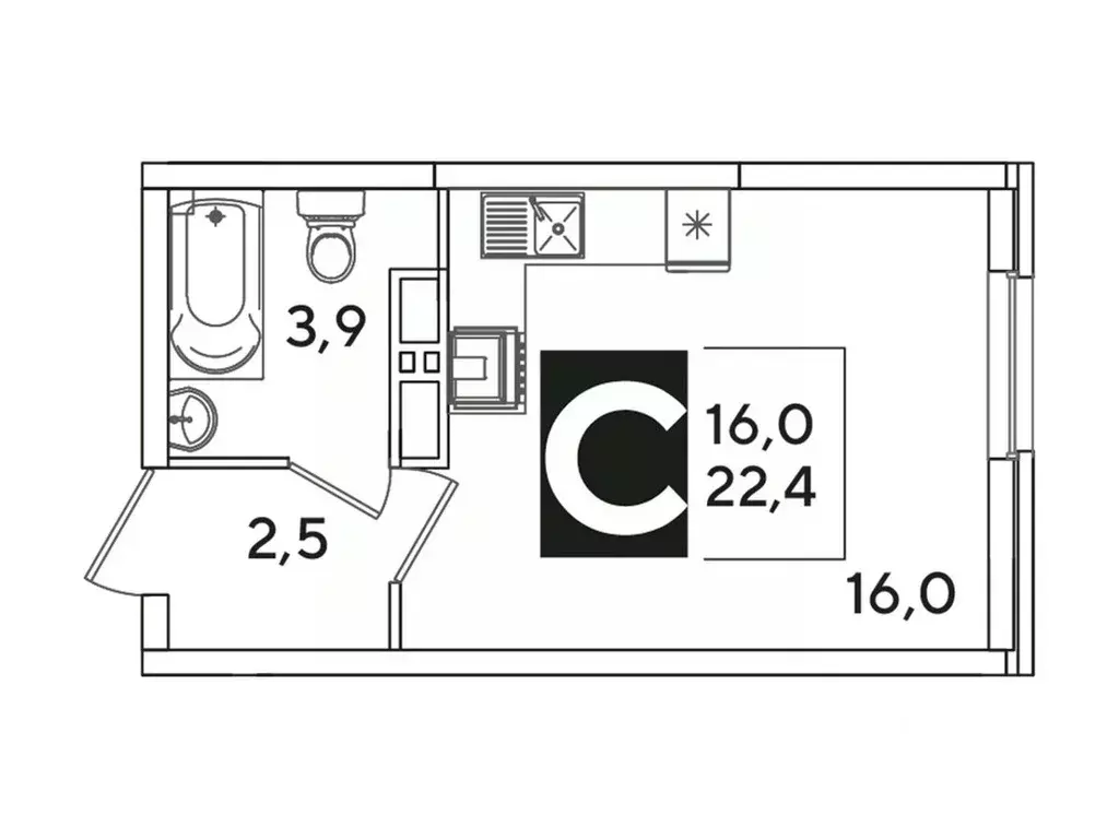 Студия Краснодарский край, Краснодар Самолет-6 жилой комплекс (22.4 м) - Фото 1