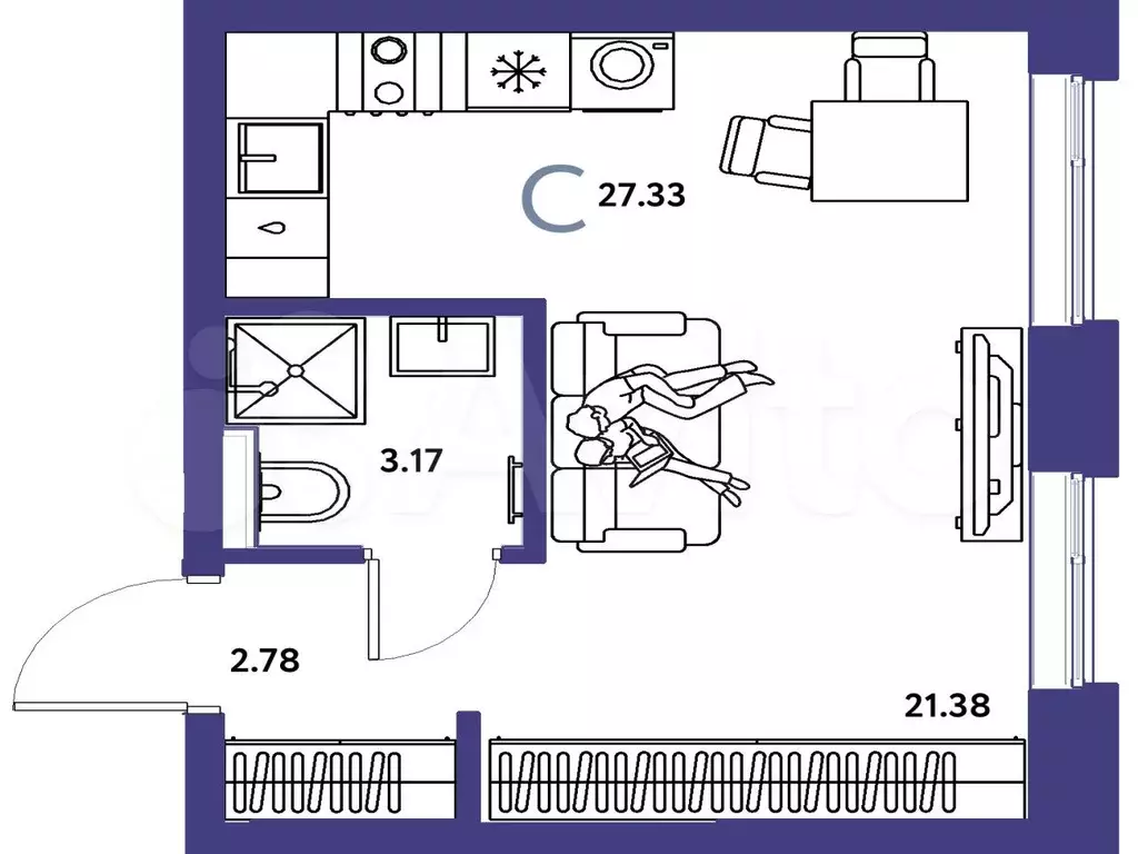 Квартира-студия, 27,3 м, 2/24 эт. - Фото 1