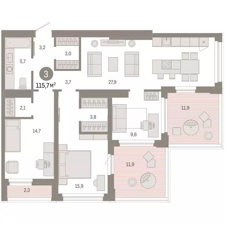 3-комнатная квартира: Тюмень, жилой комплекс Зарека (115.69 м) - Фото 1