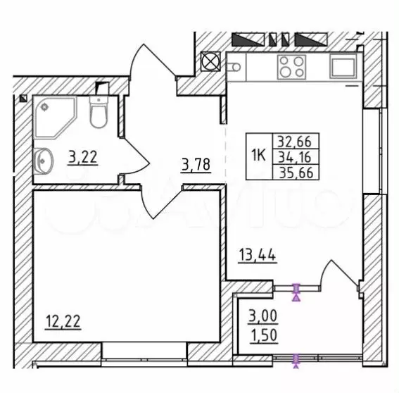 1-к. квартира, 34,2 м, 2/7 эт. - Фото 1