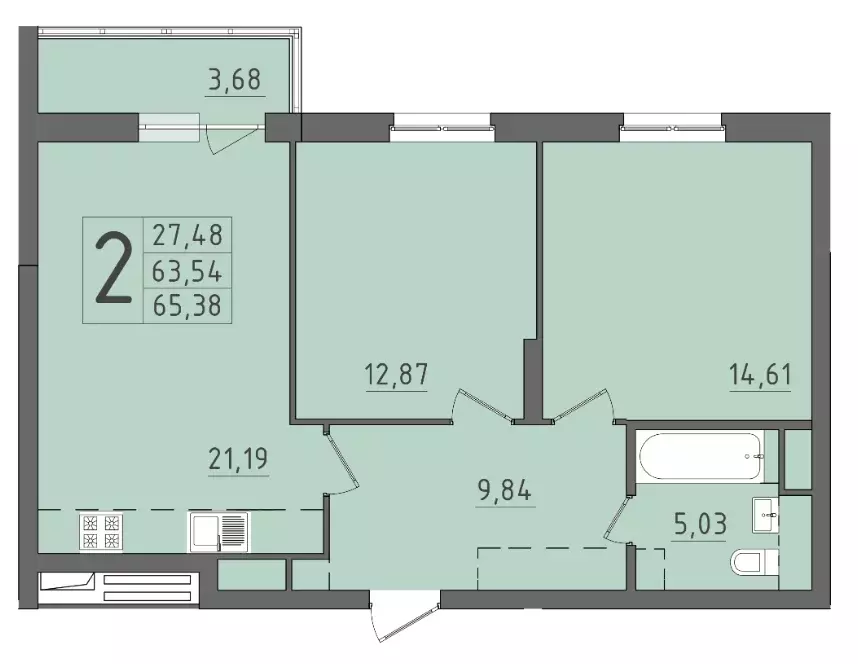 2-к квартира, 65.38 м - Фото 0