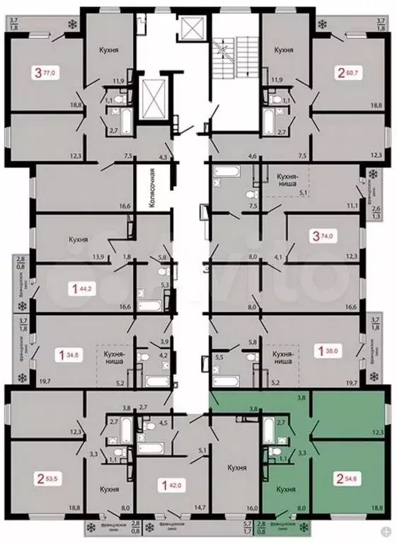 2-к. квартира, 54,6 м, 16/17 эт. - Фото 1
