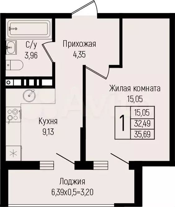 1-к. квартира, 35,7 м, 8/15 эт. - Фото 0