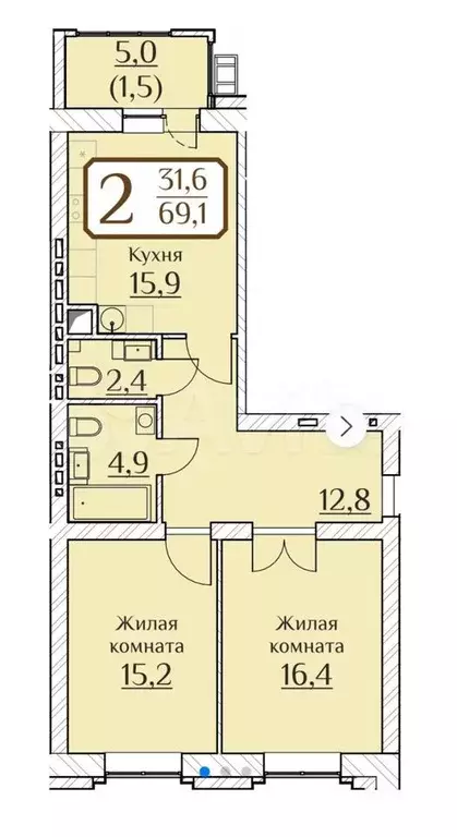 2-к. квартира, 72,2м, 5/9эт. - Фото 0