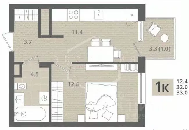 1-к кв. Калининградская область, Пионерский пос. Рыбное,  (33.0 м) - Фото 1