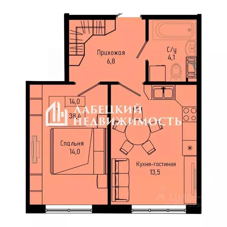 Квартира, 1 комната, 38.4 м - Фото 1