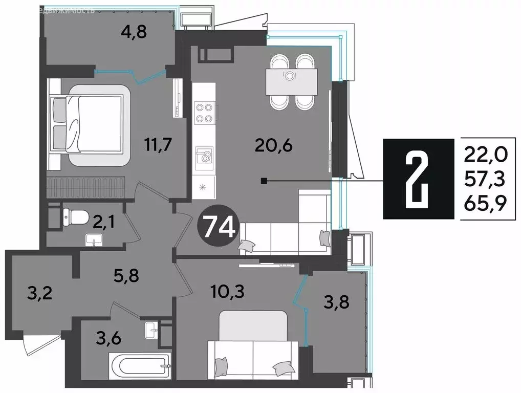 2-комнатная квартира: Краснодар, микрорайон Парк Победы (66.1 м) - Фото 1