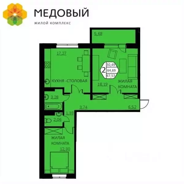 2-к кв. Пермский край, д. Кондратово ул. Г.Н. Нифантова, 4Б (67.53 м) - Фото 0