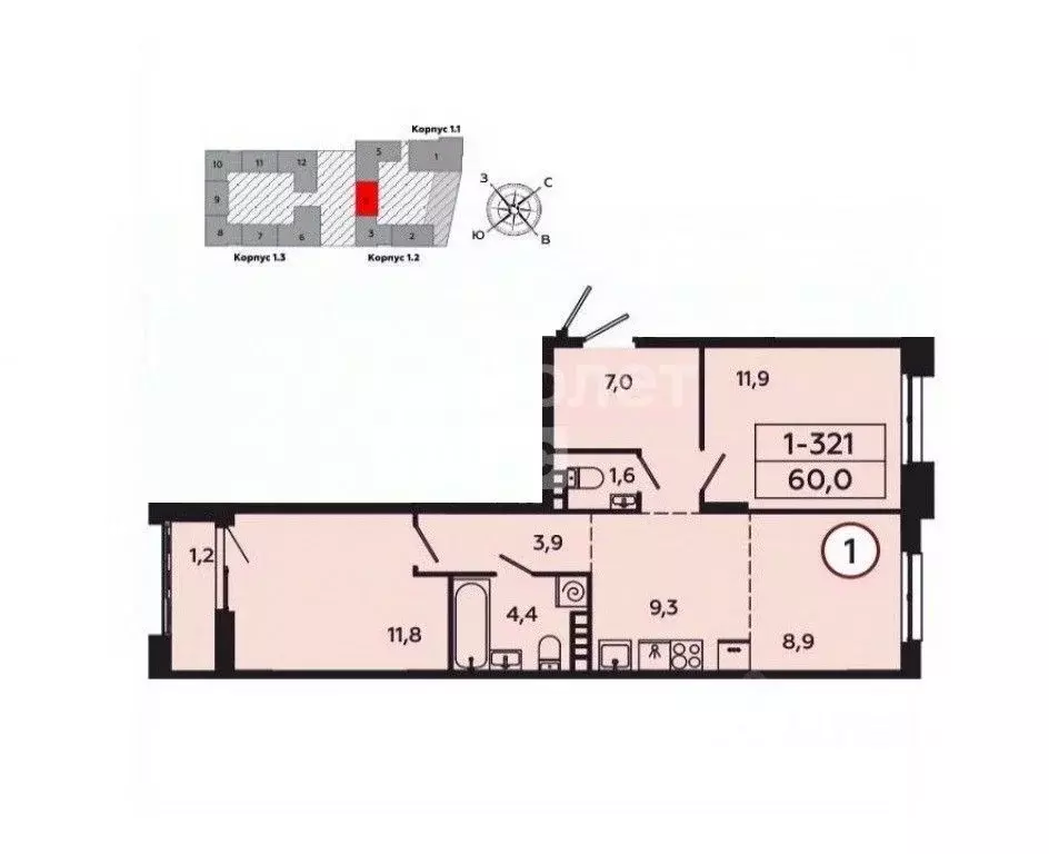3-к кв. Москва Сосенское поселение, просп. Куприна, 7к1 (58.8 м) - Фото 2