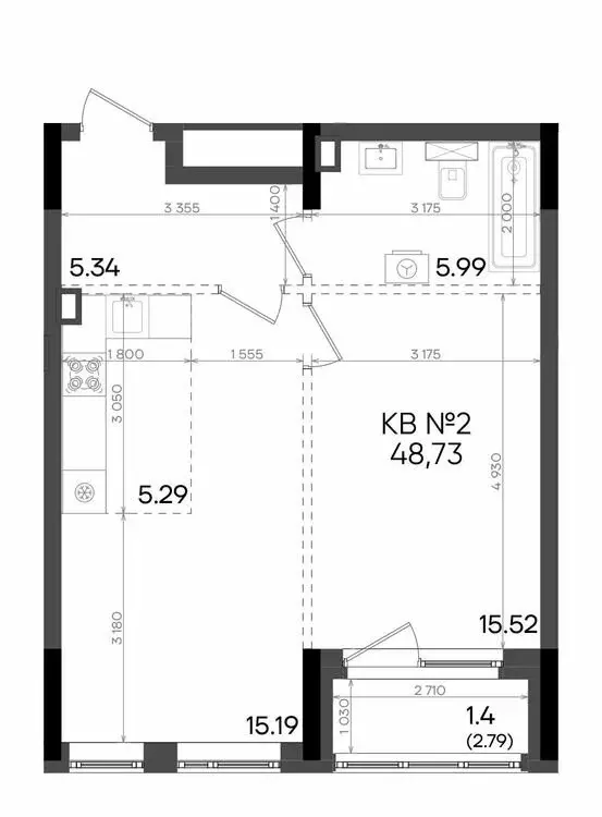 2-комнатная квартира: Казань, улица Аделя Кутуя, 181Ж (48.73 м) - Фото 0