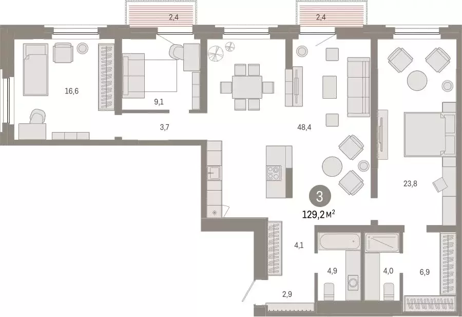 3-комнатная квартира: Тюмень, Мысовская улица, 26к2 (129.24 м) - Фото 1