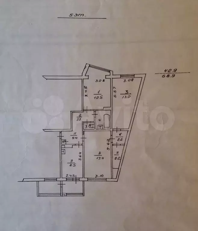 3-к. квартира, 68,9 м, 5/5 эт. - Фото 0