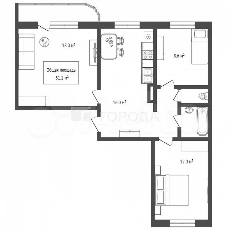 3-к. квартира, 64 м, 6/9 эт. - Фото 1