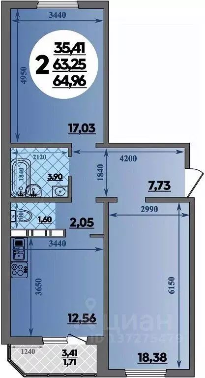 2-к кв. Ростовская область, Ростов-на-Дону ул. Юрия Дубинина, 1 (64.96 ... - Фото 0