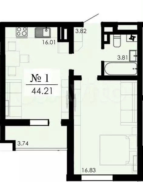 1-к. квартира, 44,2 м, 12/13 эт. - Фото 1