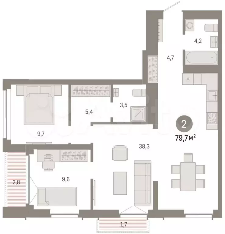 2-к. квартира, 79,7 м, 15/23 эт. - Фото 1