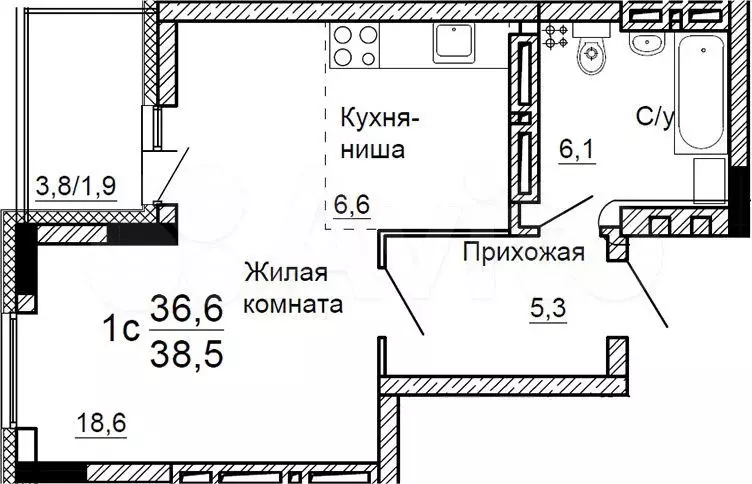 Квартира-студия, 38,5 м, 11/17 эт. - Фото 0