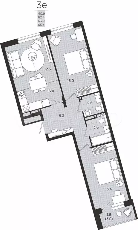 3-к. квартира, 63,9 м, 3/8 эт. - Фото 0