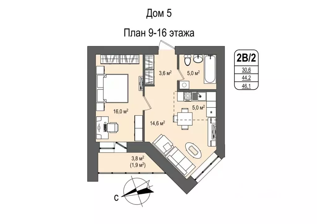 2-к кв. Кемеровская область, Кемерово 55-й мкр, 5 (46.1 м) - Фото 0