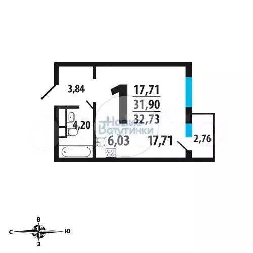 1-к. квартира, 31,9 м, 6/12 эт. - Фото 1