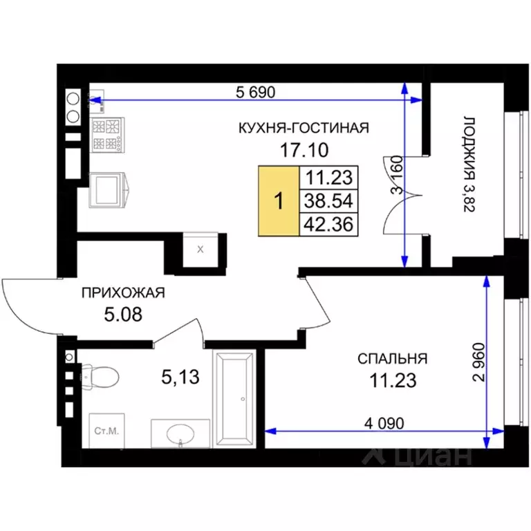 1-к кв. Калининградская область, Гурьевск Включи жилой комплекс (42.36 ... - Фото 0