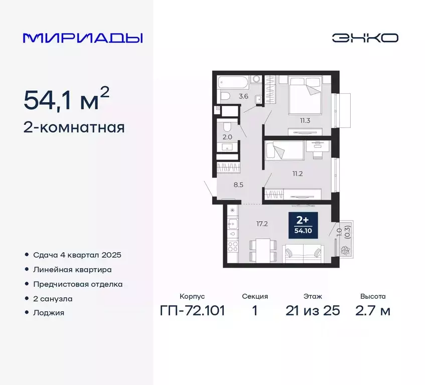 2-к кв. Тюменская область, Тюмень Мириады жилой комплекс (54.1 м) - Фото 0