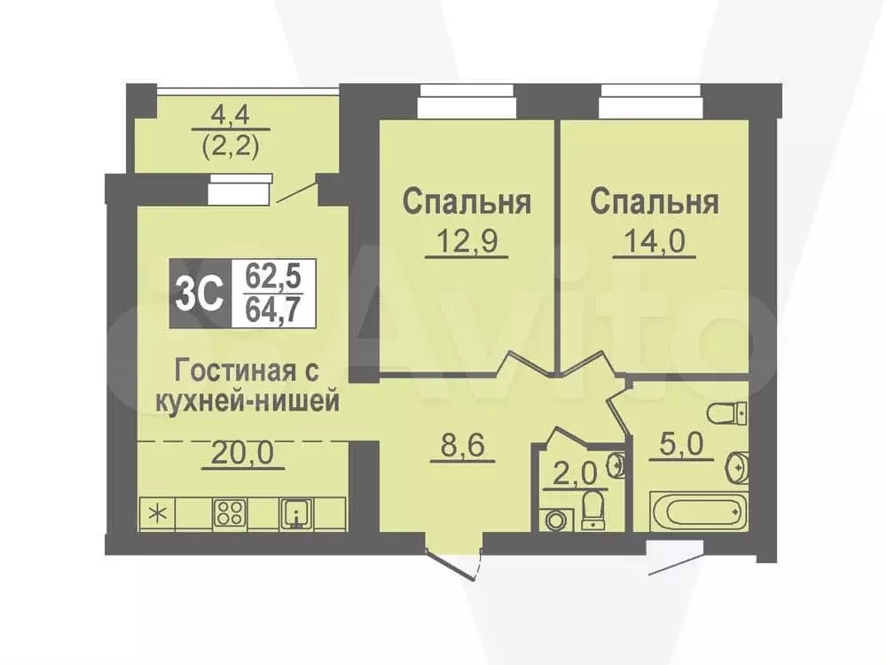 3-к. квартира, 64,7 м, 9/14 эт. - Фото 0