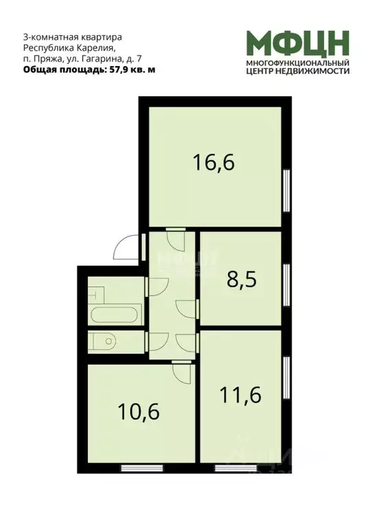 3-к кв. Карелия, Пряжа пгт ул. Гагарина, 7 (57.9 м) - Фото 2
