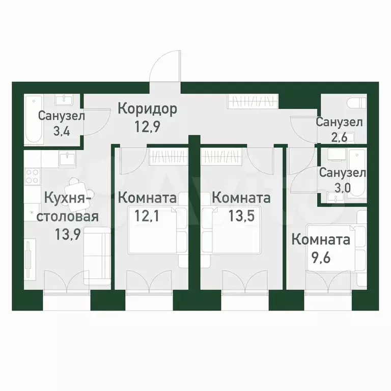 3-к. квартира, 74,3 м, 3/4 эт. - Фото 0