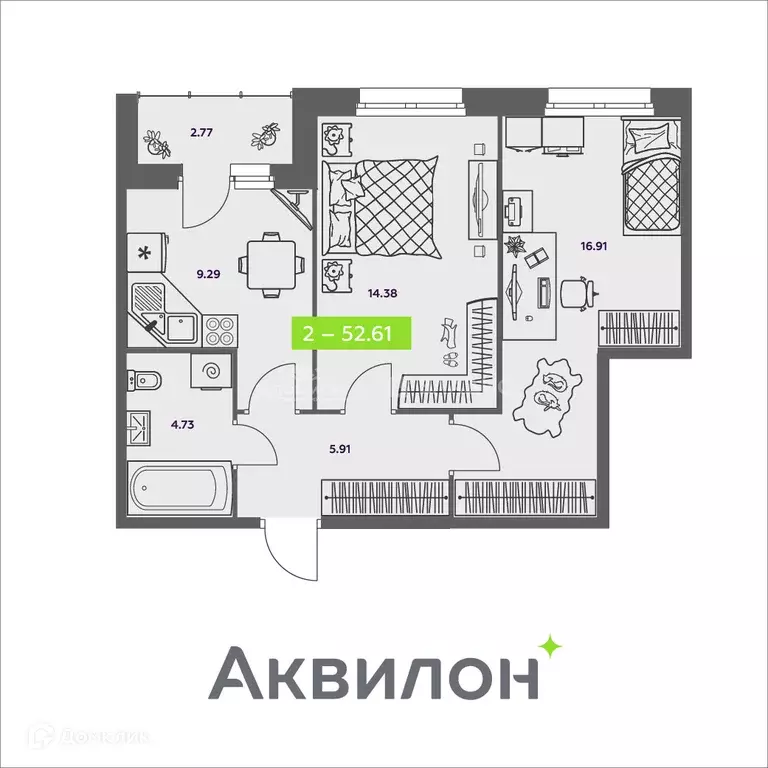 Продаётся 2-к квартира, 52.61 м - Фото 1