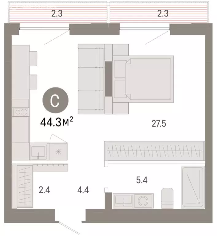Квартира-студия: Тюмень, микрорайон ДОК, ЖК Октябрьский на Туре (44.28 ... - Фото 2
